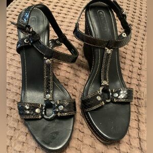 Coach Snakeskin-Textured Strap Logo Wedge Sandals